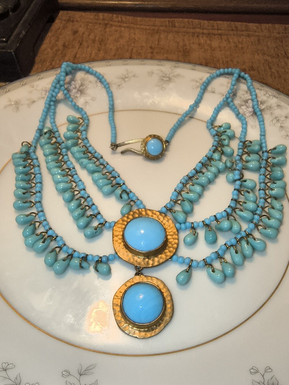 Vtg MCM BARCLAY Signed Turquoise Glass Bead Dangle Egyptian Revival Bib Necklace